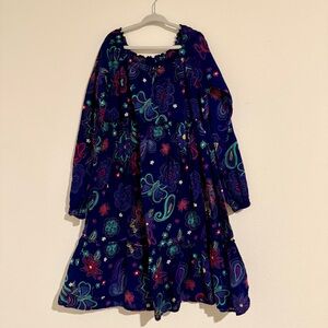 Girls Lands End Dress Long Sleeve Purple Floral Size 8 Ruffle Hem Fit Flare